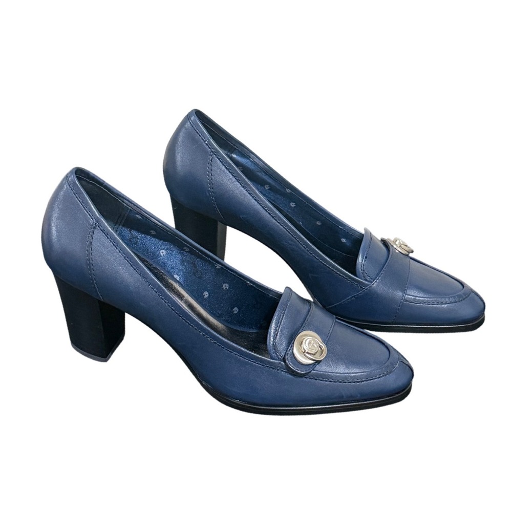 Etienne Aigner Naomi Navy Blue Leather Loafer Block Heels Pumps 7M